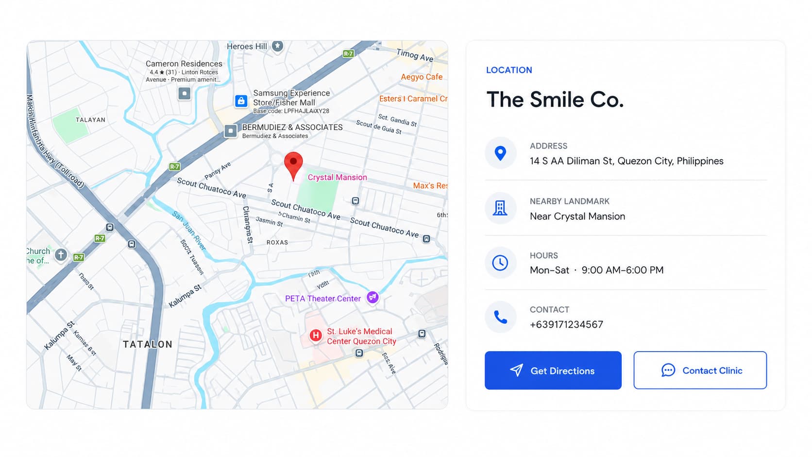 The Smile Co. clinic location and directions interface