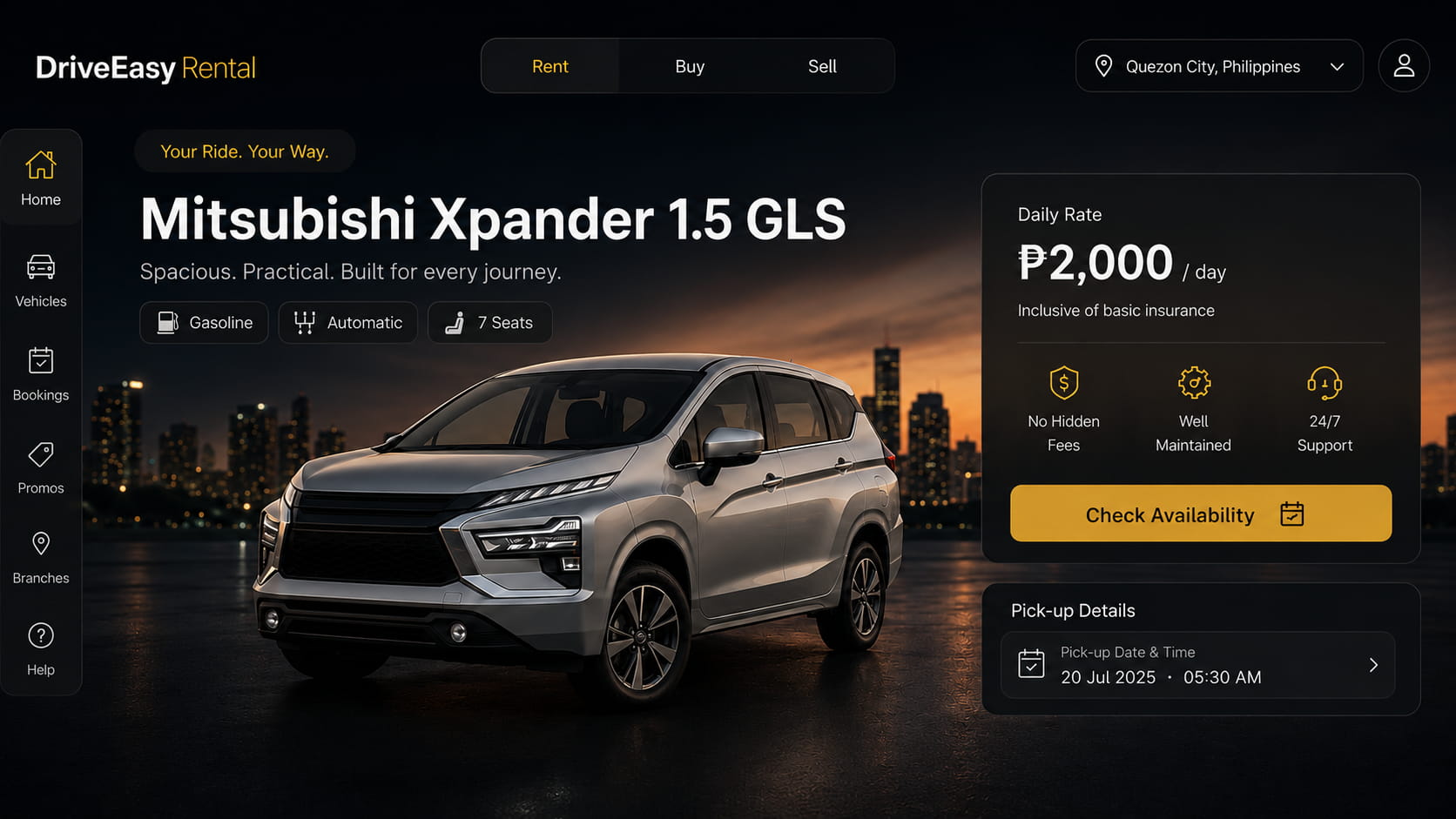 Vehicle rental and booking platform interface